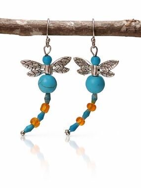 Boho Dragonfly Earrings Turquoise Amber Bead Dangle Nature Style